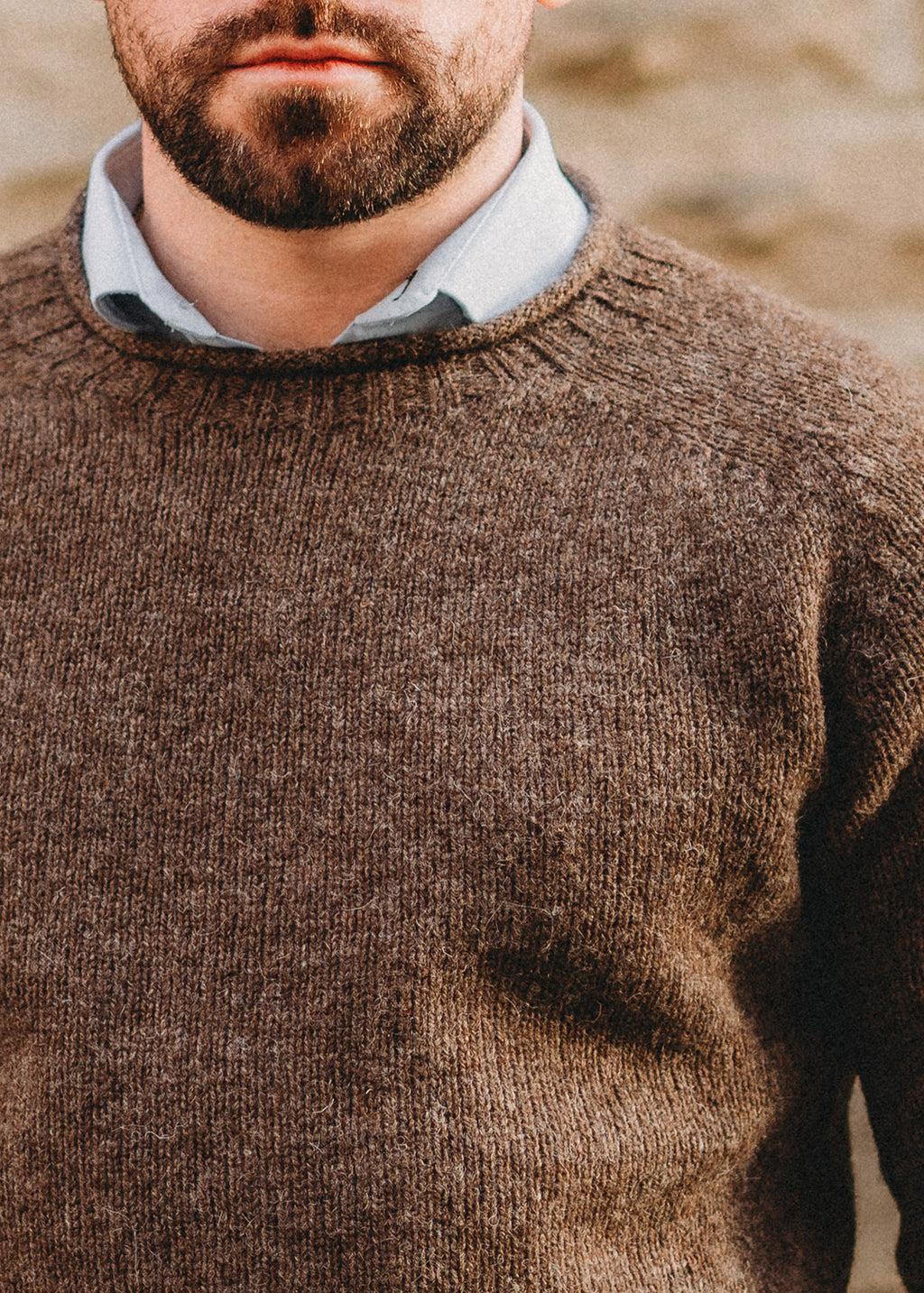Shetland wool jumper in Moorit - a reddish brown.