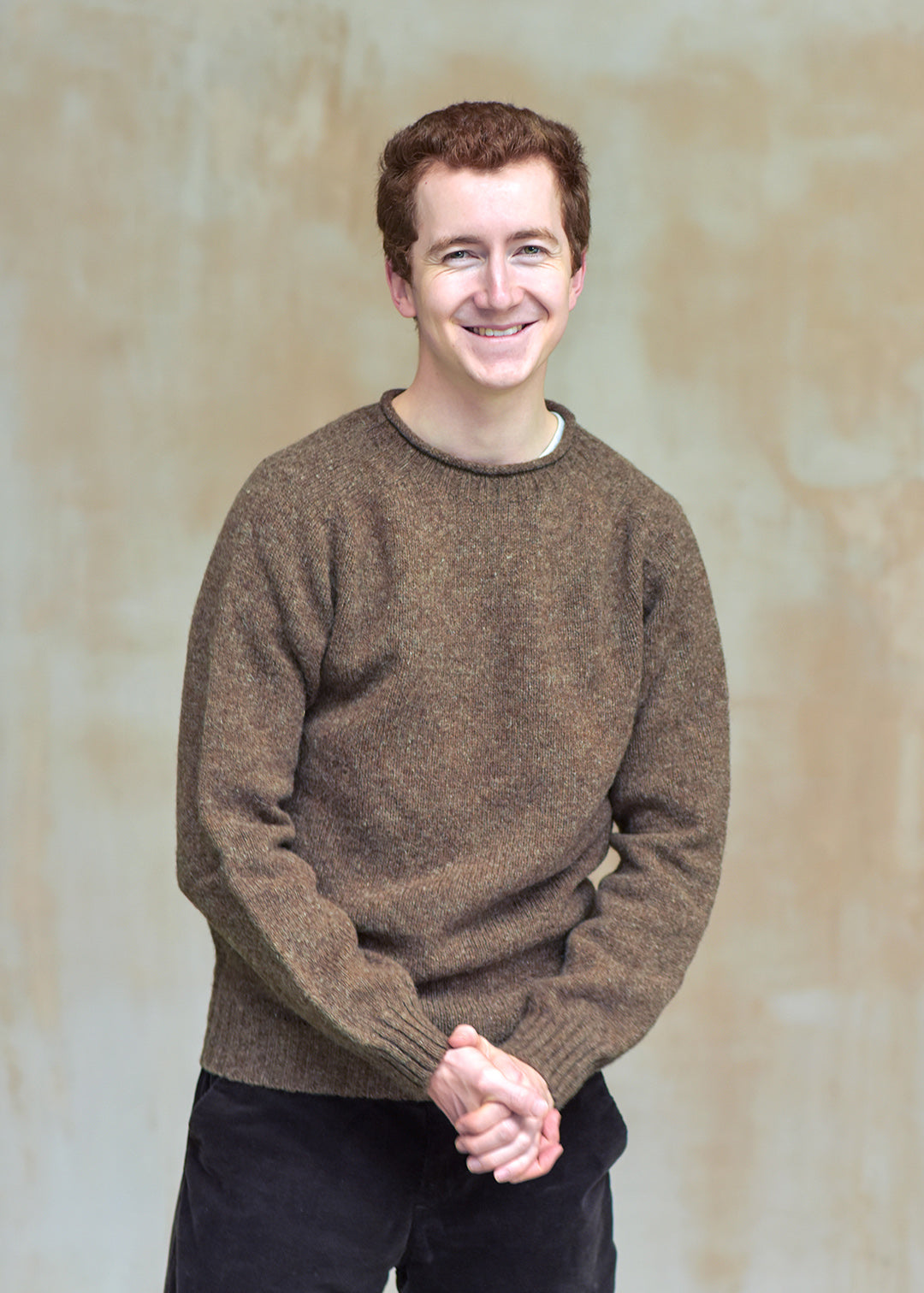 Shetland wool jumper in Moorit - a reddish brown.