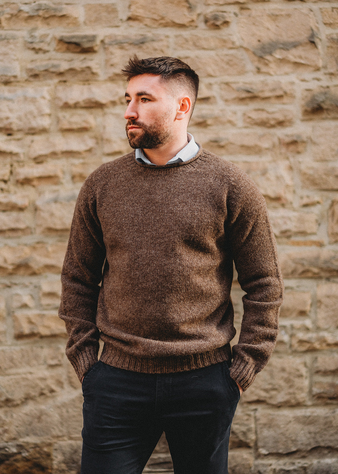 Shetland wool jumper in Moorit - a reddish brown.
