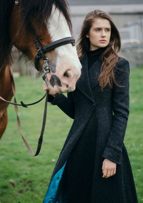 Edith Coat in Harris Tweed herringbone with blue satin lining, by Elizabeth Martin