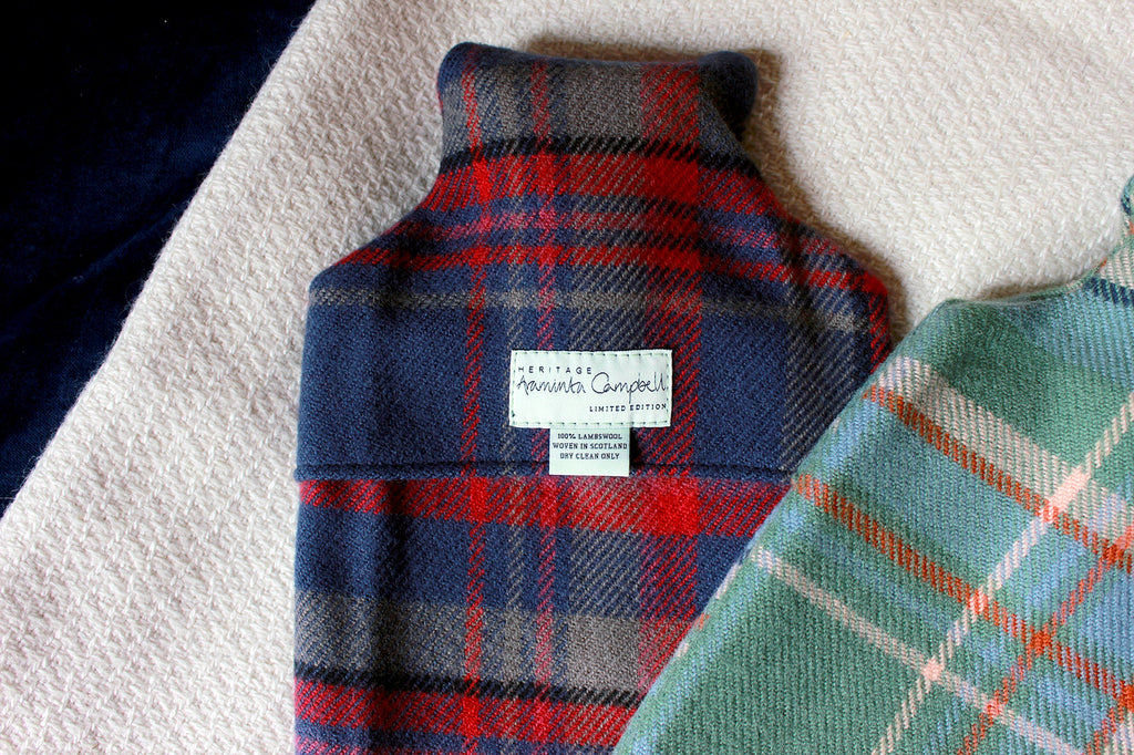 Snuggle up with our limited edition Araminta Campbell Highlands at Dusk tartan hot water bottle