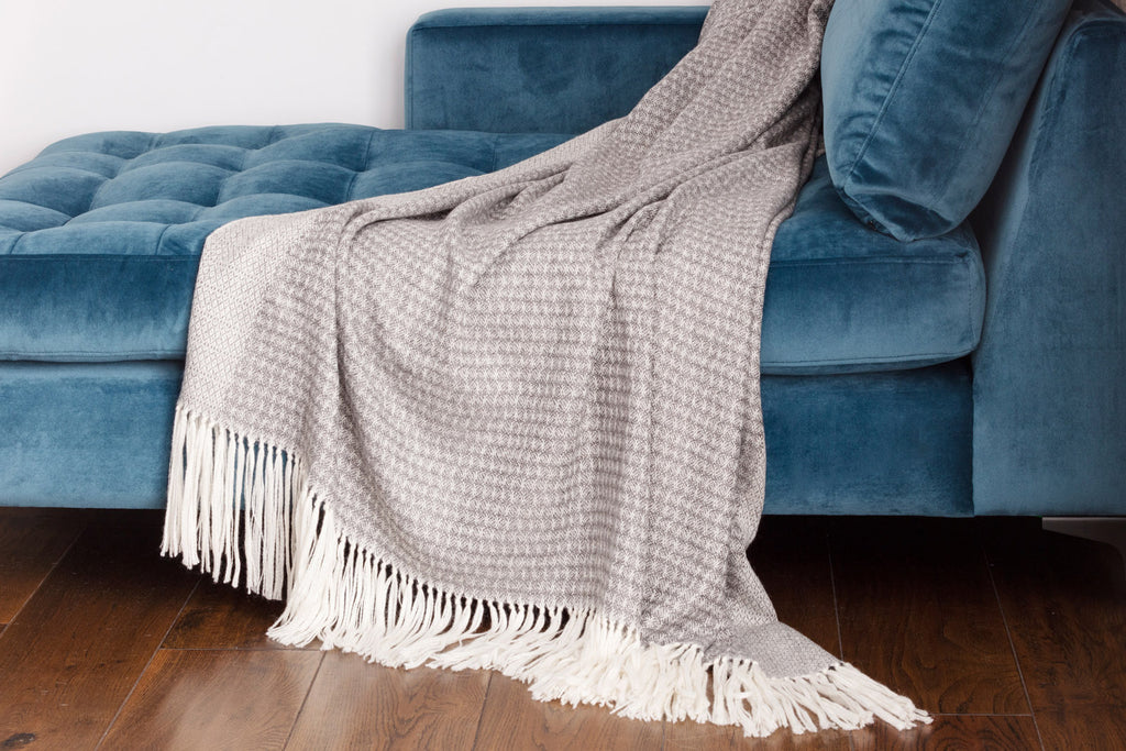 Araminta Campbell alpaca willow throw in grey at Scottish Textiles Showcase