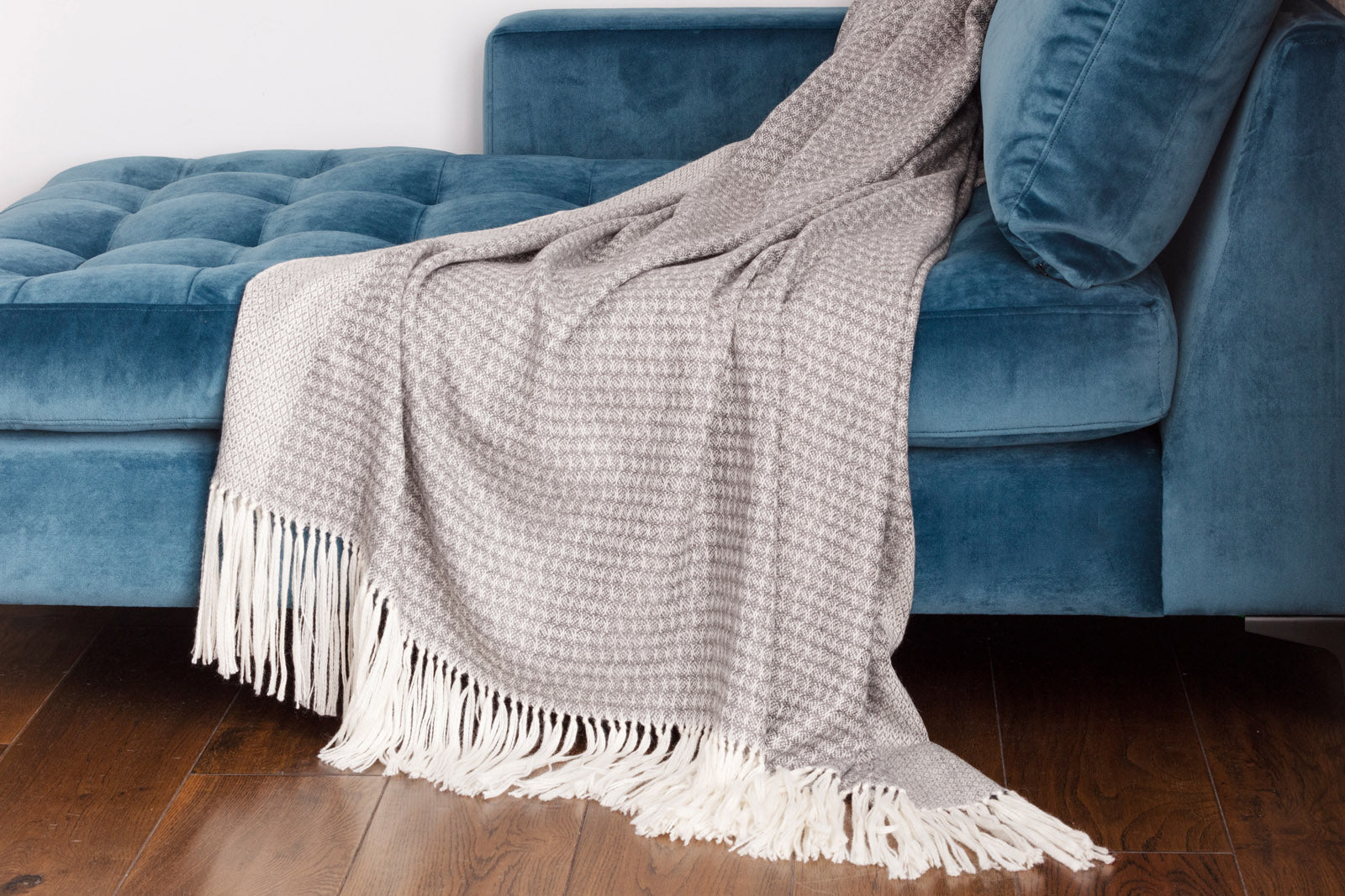 Araminta Campbell alpaca willow throw in grey at Scottish Textiles Showcase