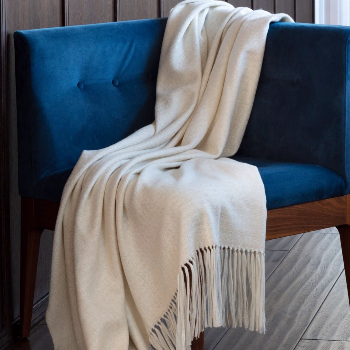 Araminta Campbell alpaca willow throw in natural white at Scottish Textiles Showcase