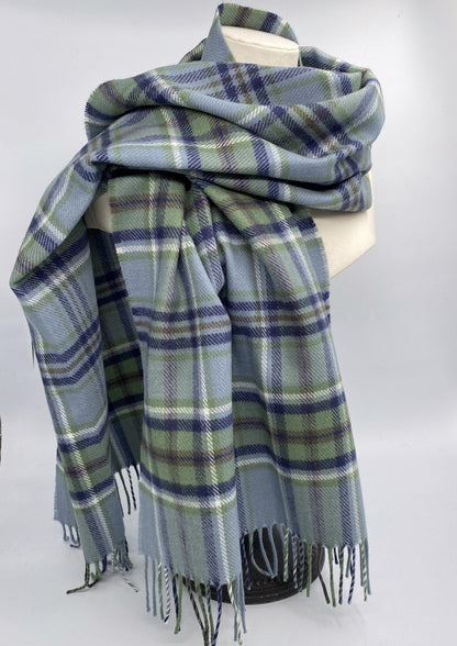 Araminta Campbell heritage tartan wool shawl in Beech Dappled Skies at Scottish Textiles Showcase