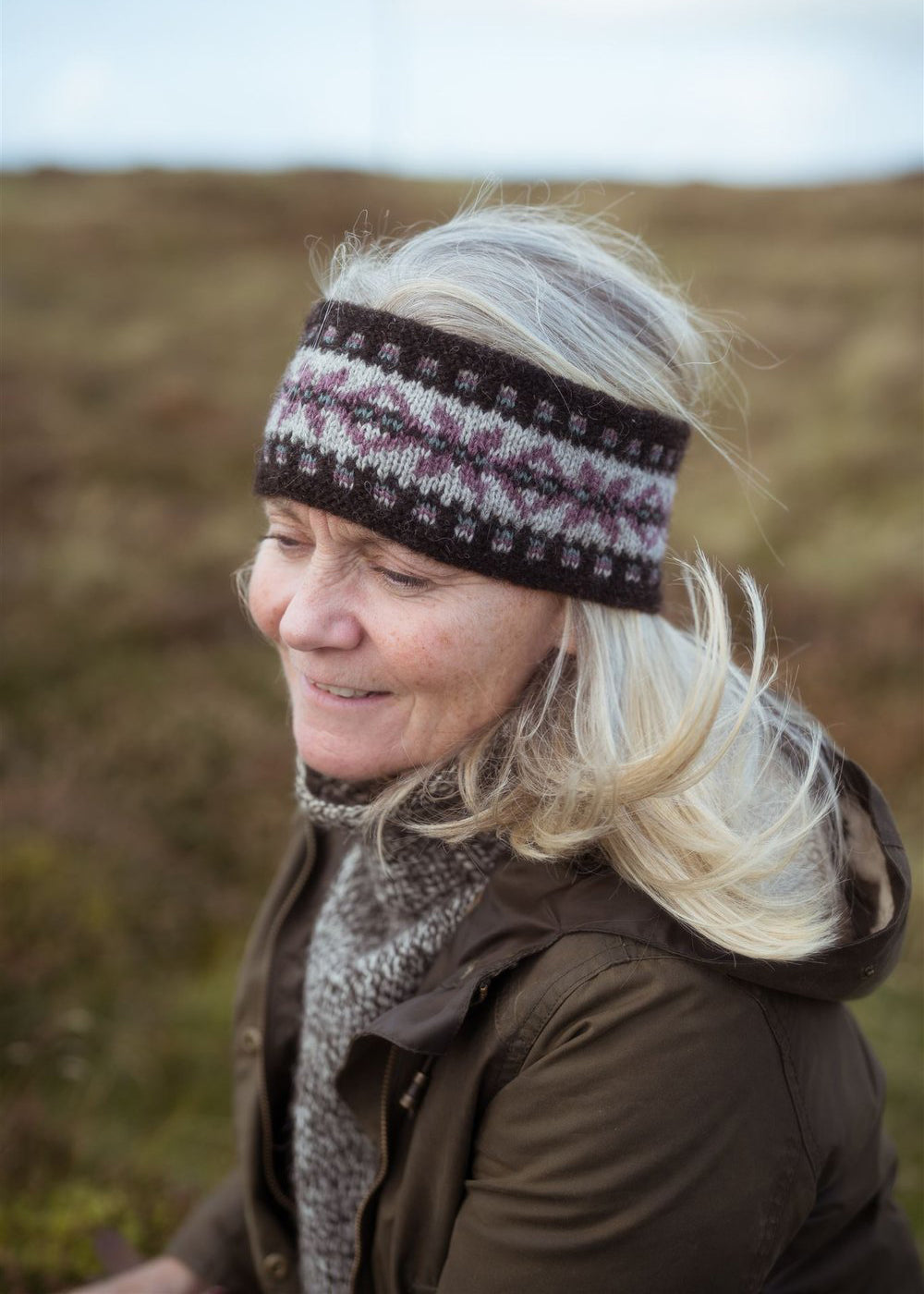 Myrtle knitted headband shown worn by Meg, the designer of the knitting pattern.