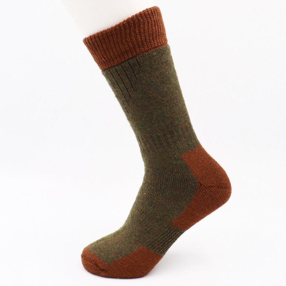 Green and brown merino wool sock.
