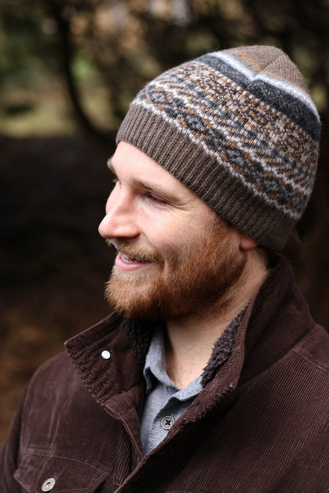 knitted patterned beanie hat in Loam colour way, Knitted in Scotland