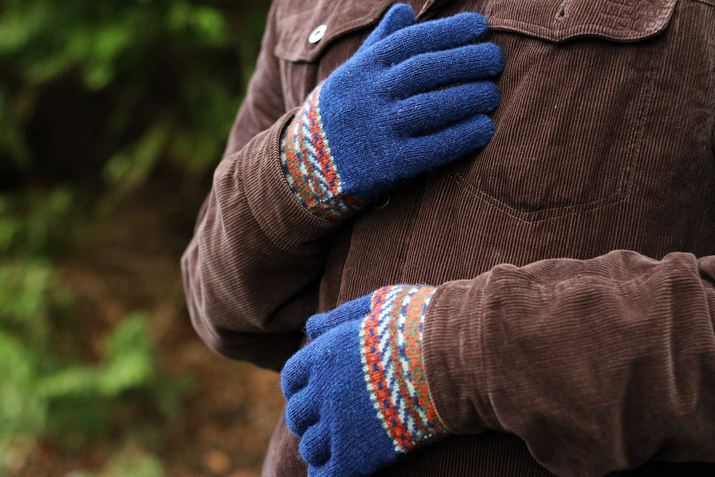 Knitted patterned gloves in Estate colour way, Knitted in Scotland.