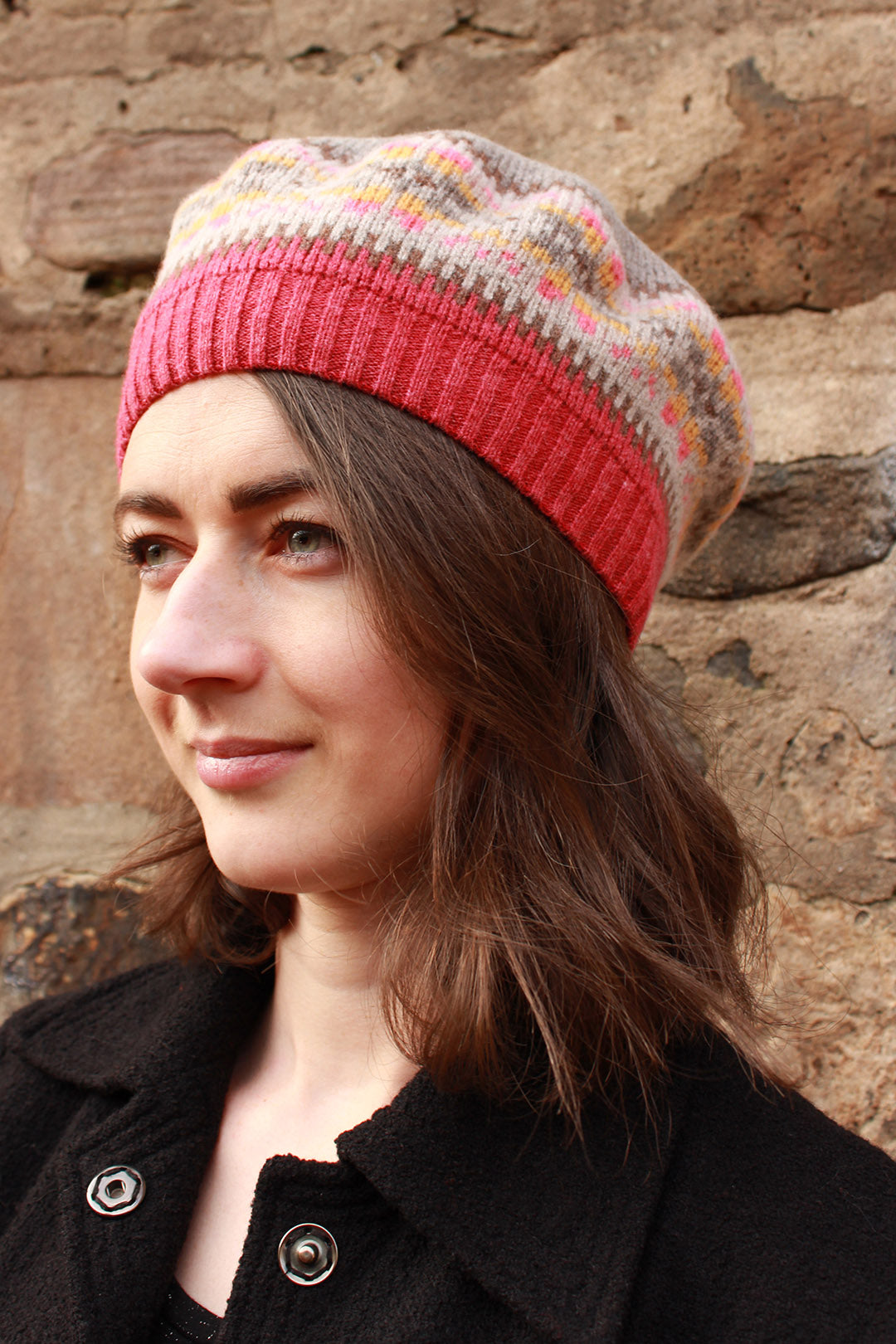 knitted Beret in Cameo colours, Knitted in Scotland