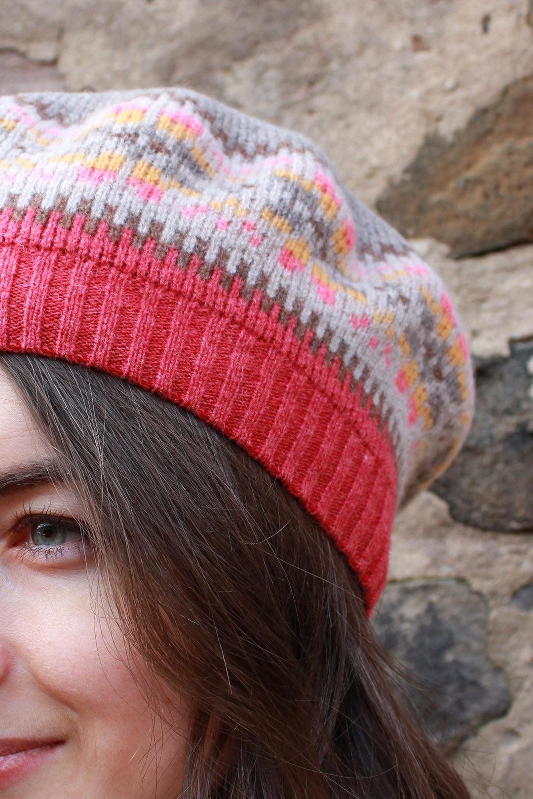 knitted Beret in Cameo colours, Knitted in Scotland