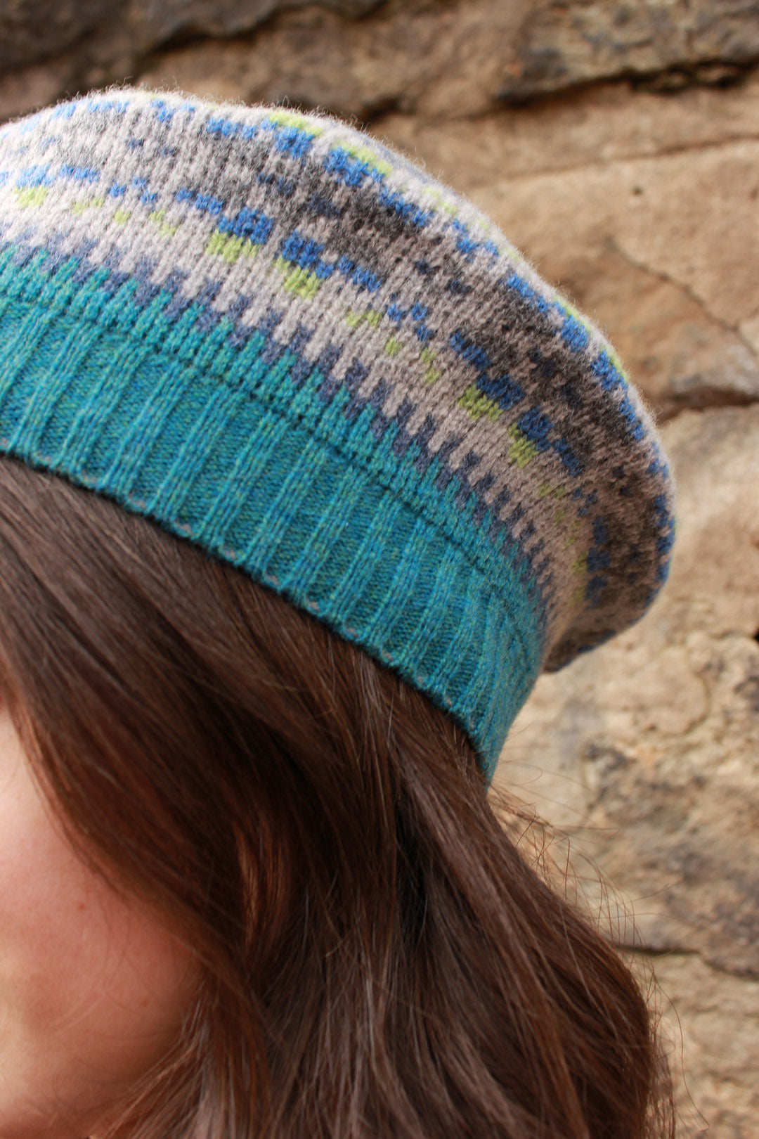 knitted Beret in Moonstone colours, Knitted in Scotland