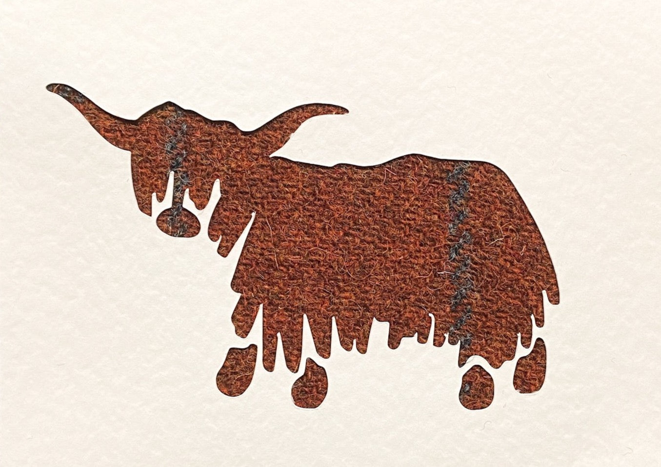 Harris Tweed greetings card with rust and grey check tweed highland cow. 