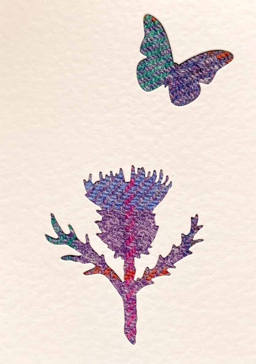 Harris Tweed greetings card with multicolour check tweed thistle and butterfly. 