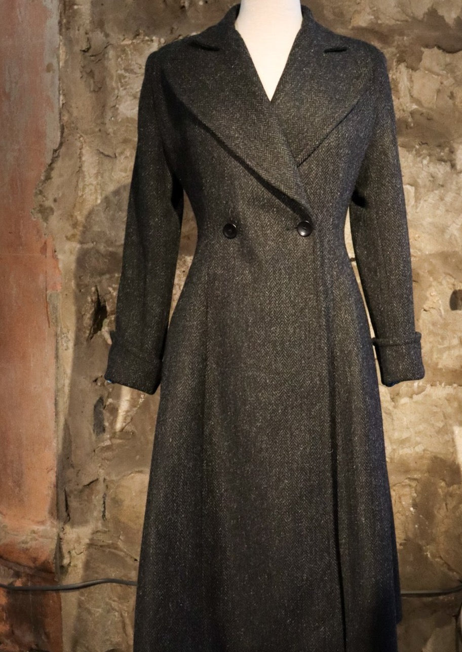 Edith coat in black herringbone Harris Tweed, Elizabeth Martin
