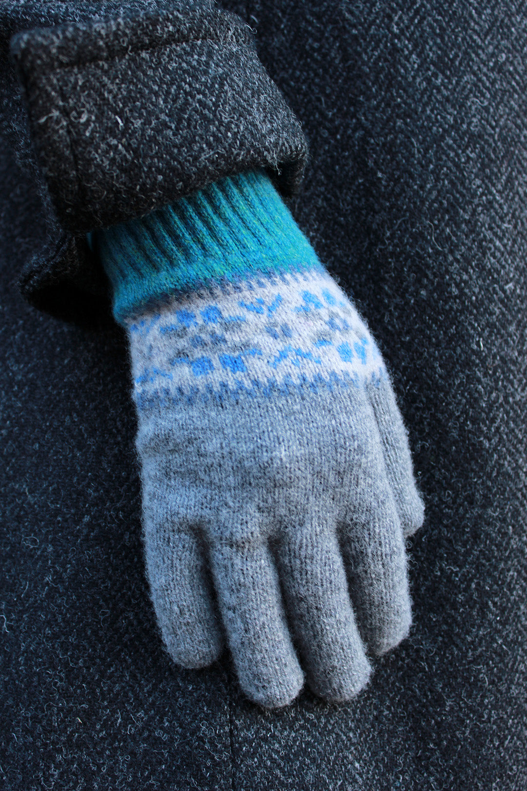Islay gloves in moonstone colour way, knitted in scotland