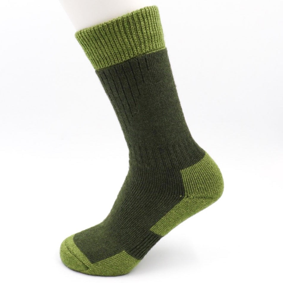 Light and dark green ladies merino wool sock. 