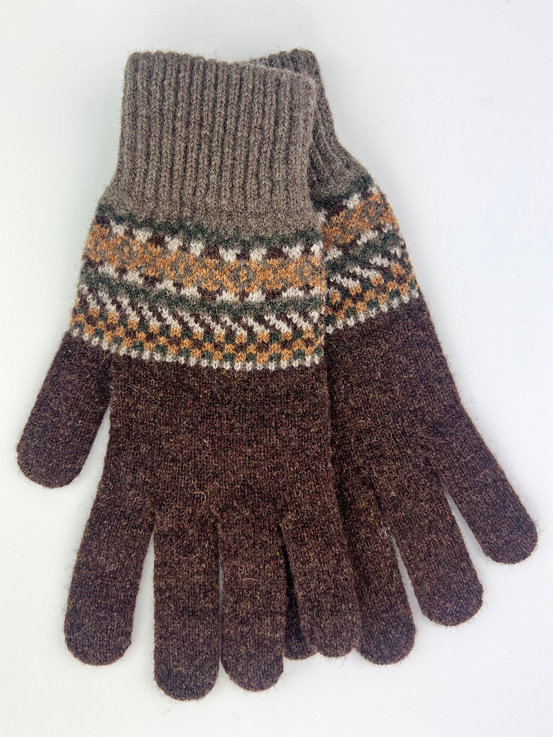 knitted patterned gloves in Loam colour way, Knitted in Scotland