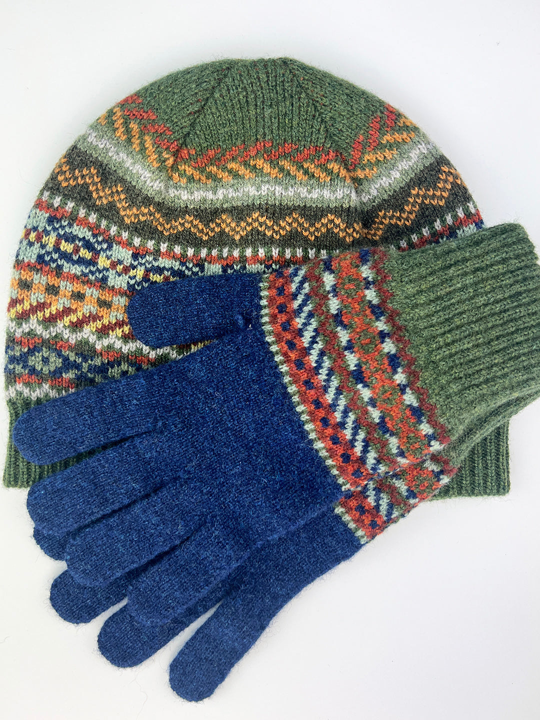 Knitted patterned gloves in Estate colour way, Knitted in Scotland.