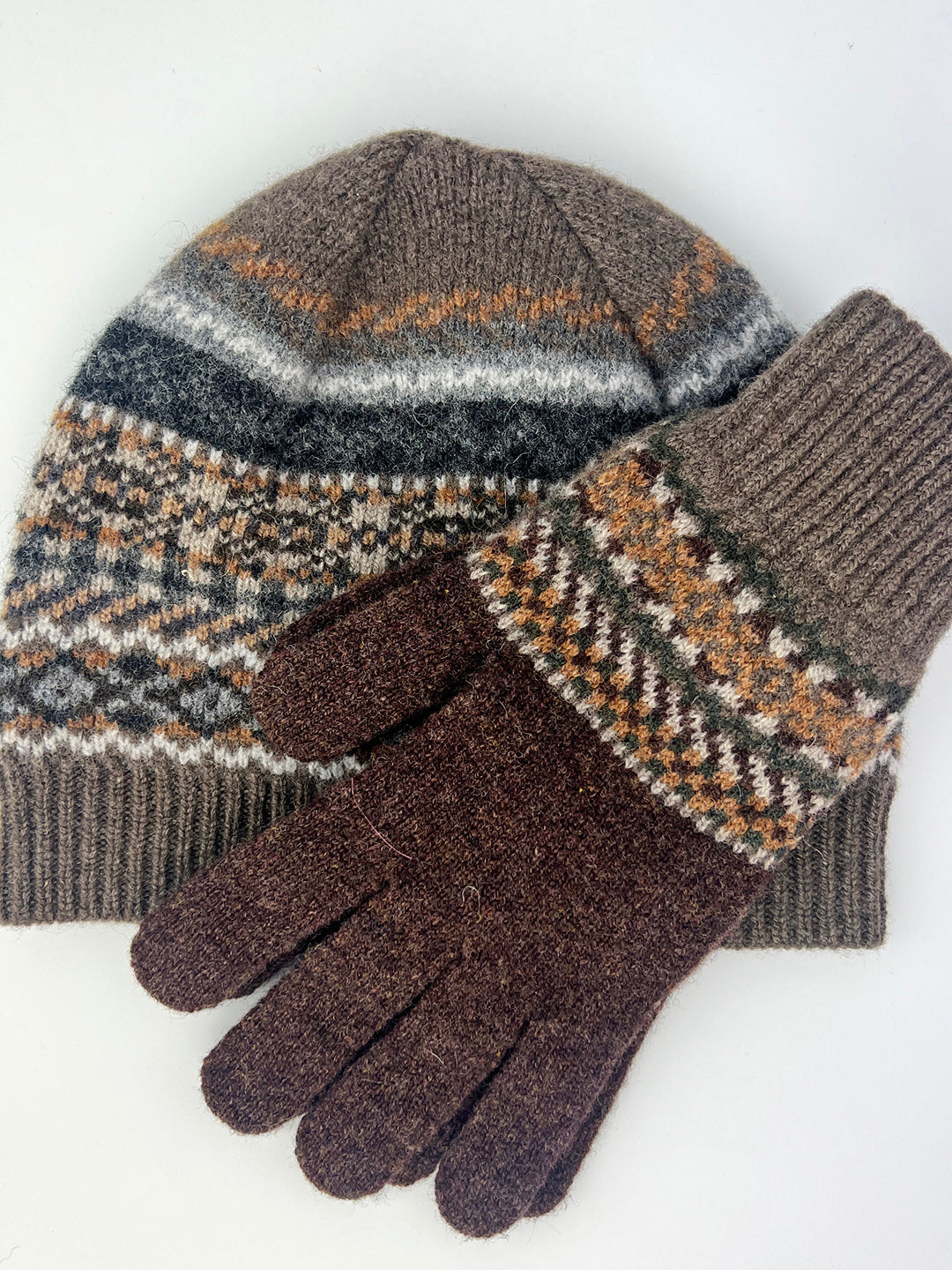 knitted patterned gloves in Loam colour way, Knitted in Scotland