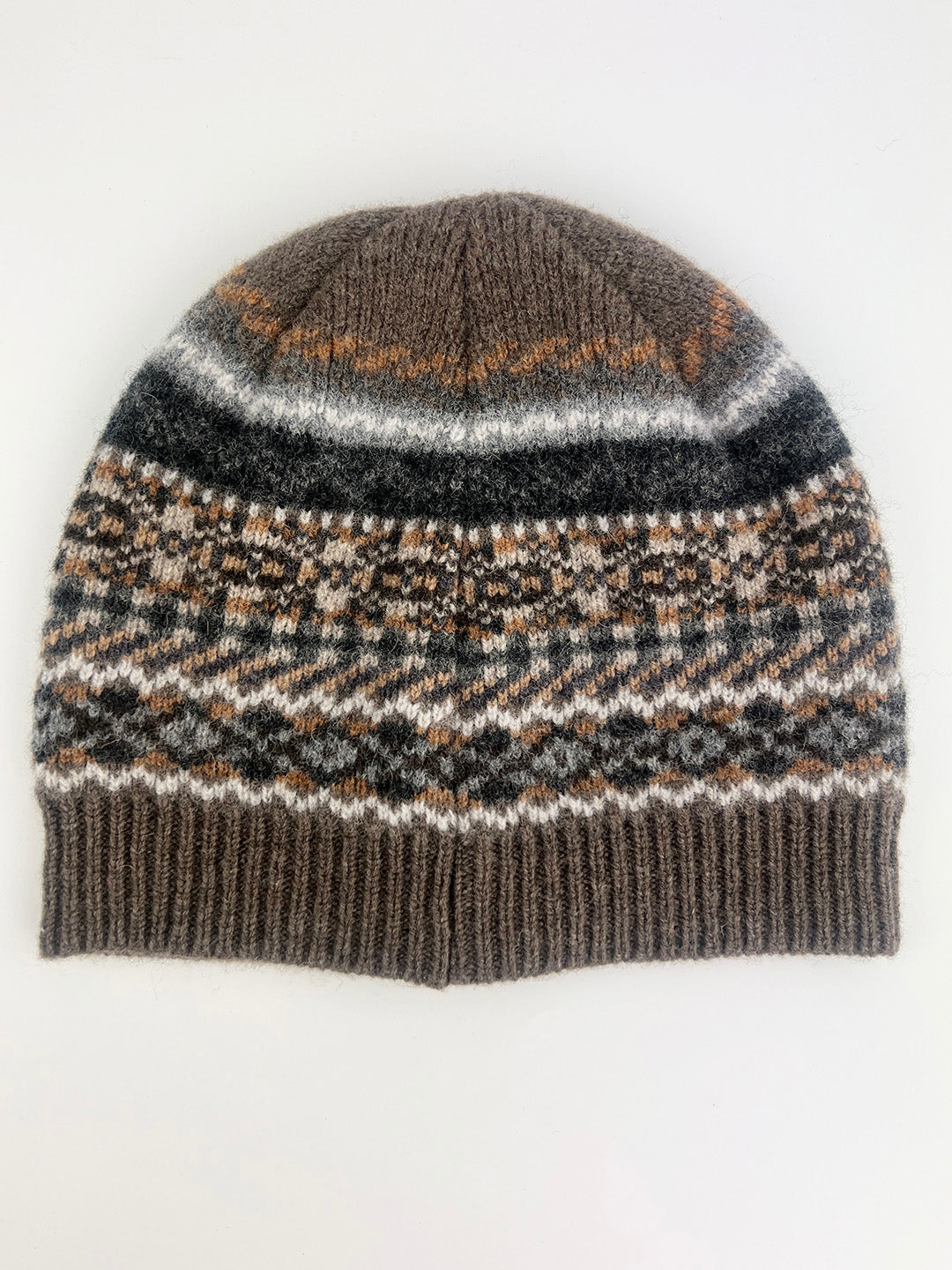 knitted patterned beanie hat in Loam colour way, Knitted in Scotland
