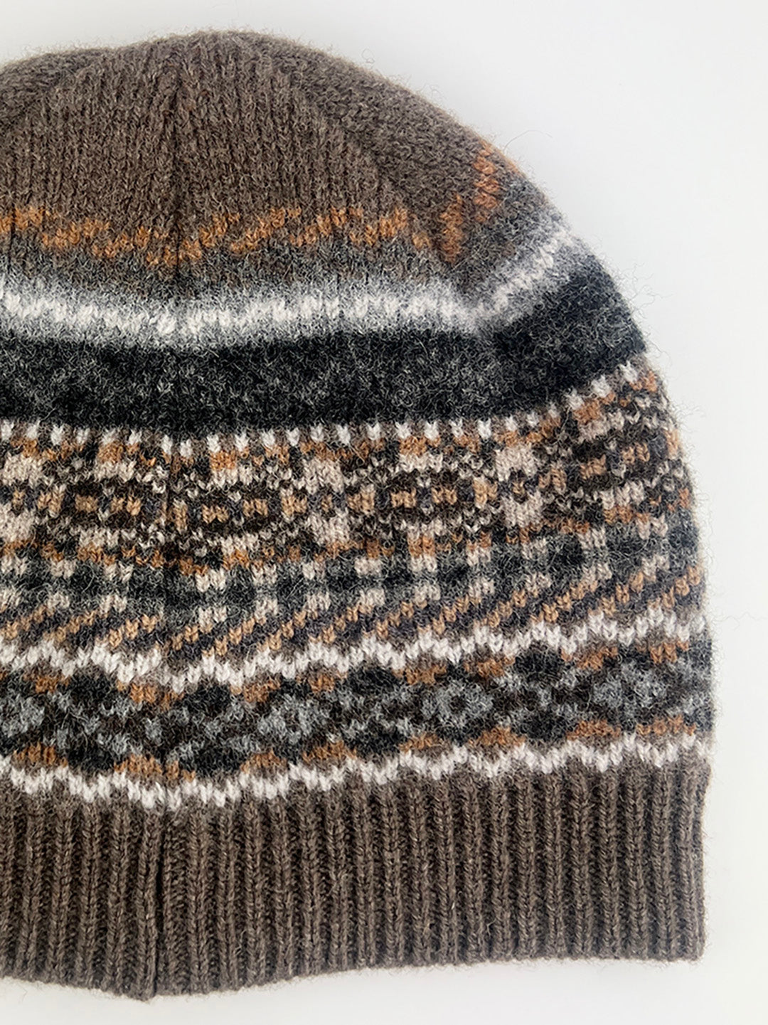 knitted patterned beanie hat in Loam colour way, Knitted in Scotland