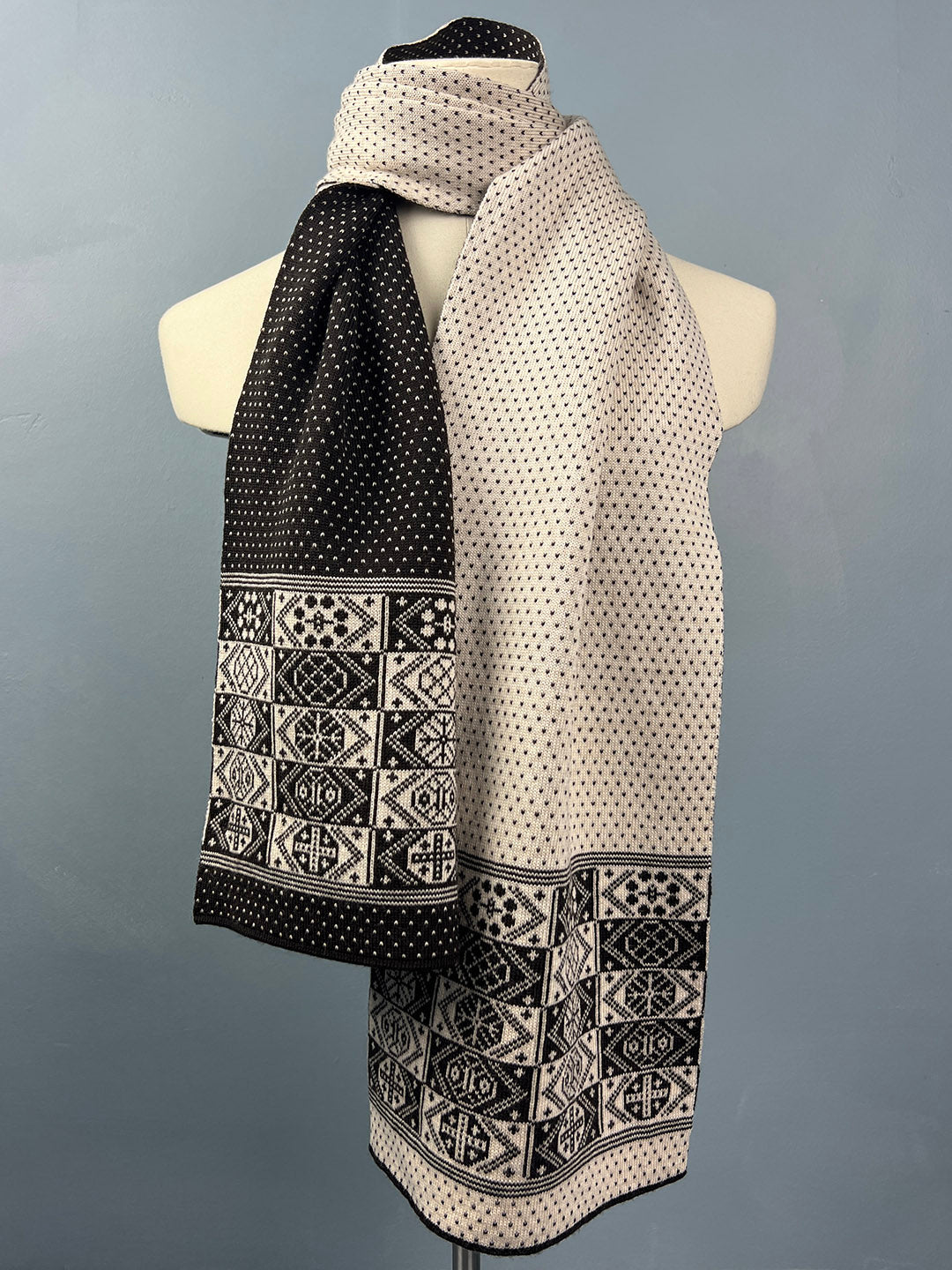 Reversible Fair Isle scarf is knitted by BAKKA in superfine merino wool