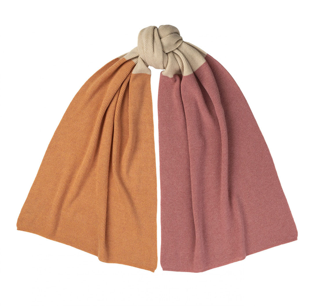 Rosie Sugden three colourway cashmere shawl scarf in dusty pink ivory and apricot