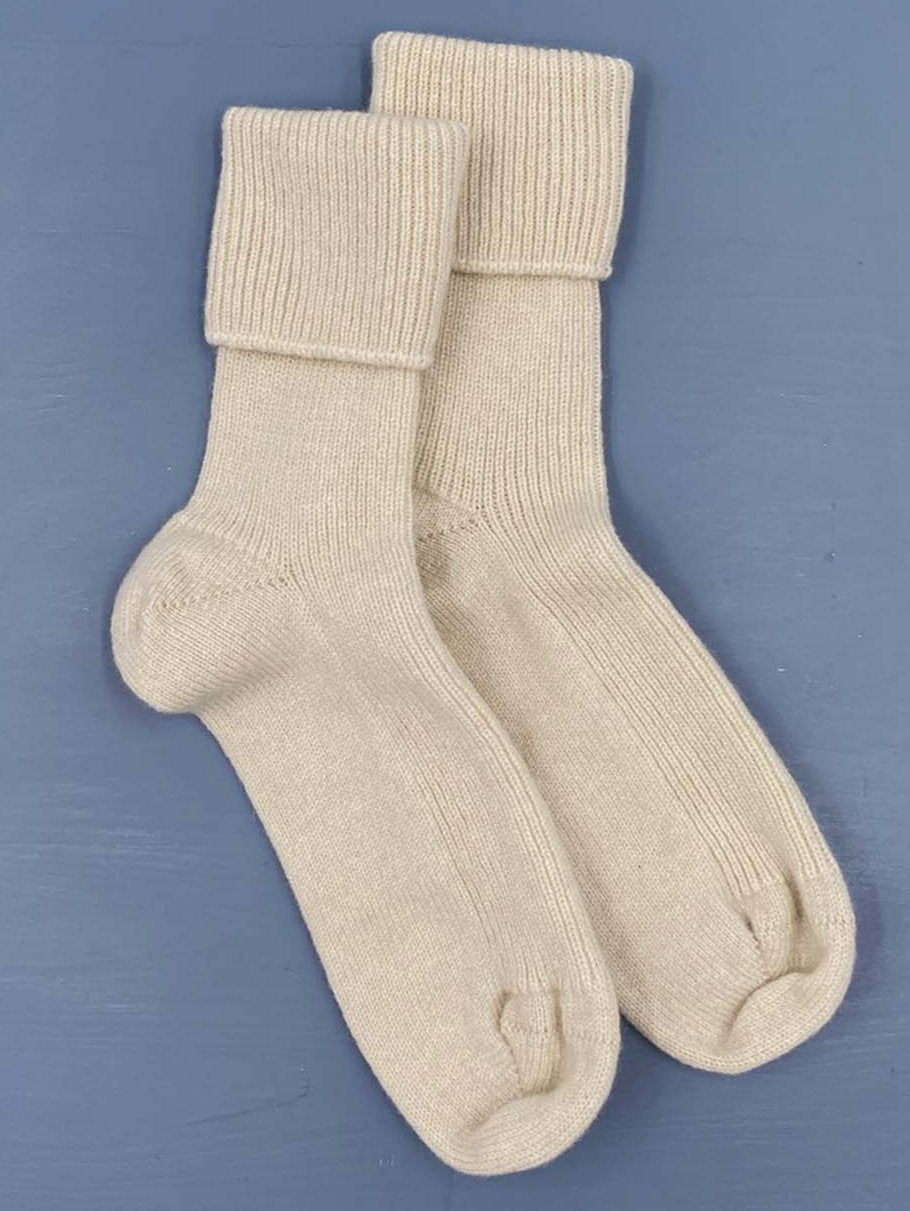 Cashmere bed socks in classic antique white shade designed and made in Scotland