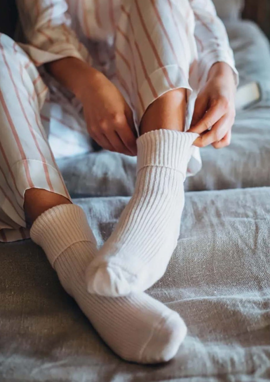 Cashmere bed socks in classic antique white shade designed and made in Scotland