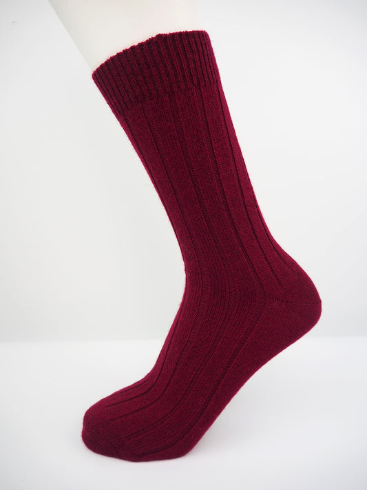 Mens cashmere burgundy socks designed by Rosie Sugden. Scottish textiles showcase