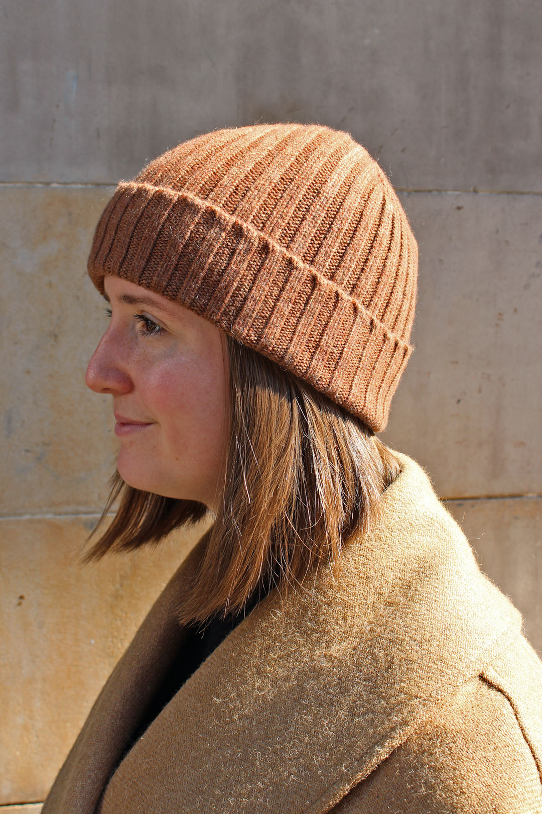 Knitted cashmere cairn hat in hazelnut, knitted in scotland