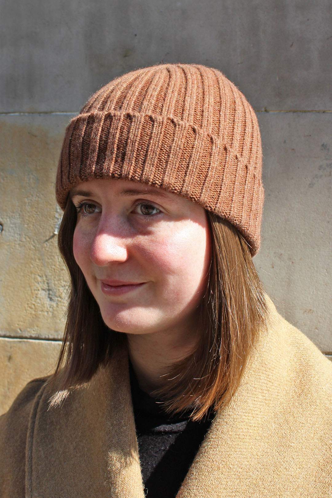 Knitted cashmere cairn hat in hazelnut, knitted in scotland