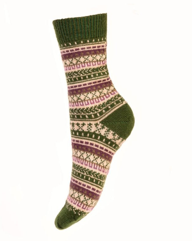 Green merino wool blend ladies' socks with cream and purple Fair Isle design. 