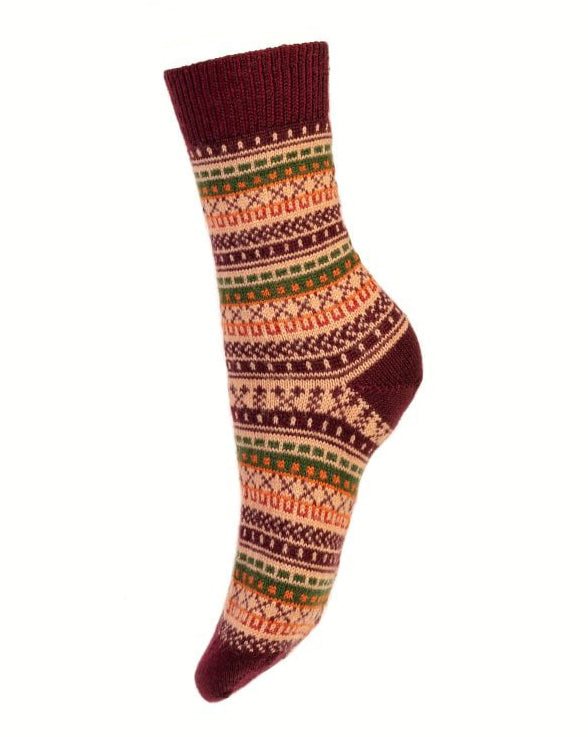 Mulberry merino wool blend ladies' socks with beige, orange and green Fair Isle design. 