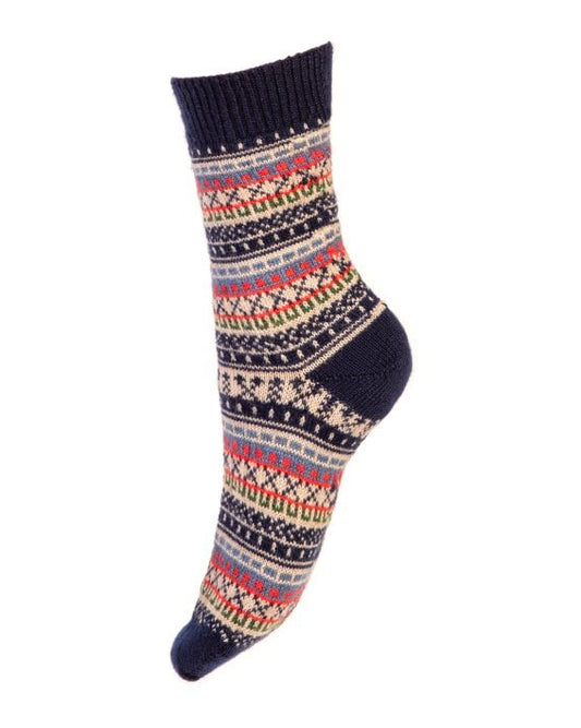 Navy blue merino wool blend ladies' socks with cream, red and green Fair Isle design. 