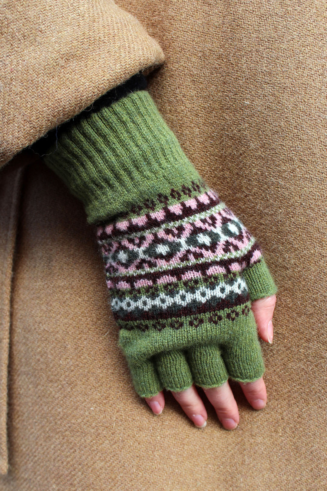 Fairisle fingerless wool gloves in moss with pink and mauve pattern