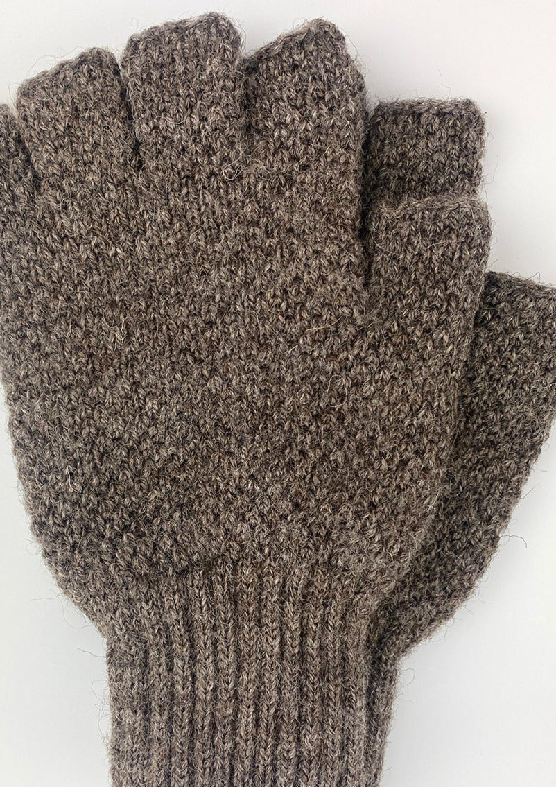 Pure undyed British wool fingerless gloves in natural brown.