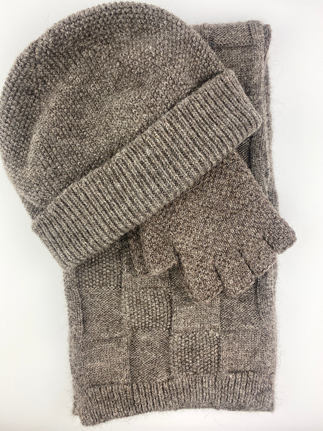 Pure undyed British wool scarf, hat and fingerless gloves in natural brown.
