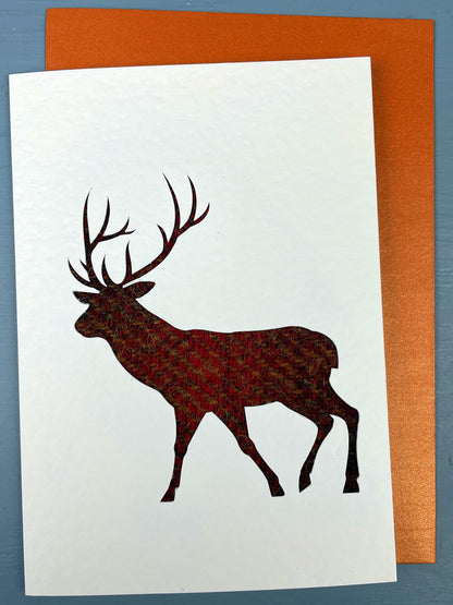 Handmade greetings card by Weaving the Love featuring a red deer stag in rust Harris Tweed.