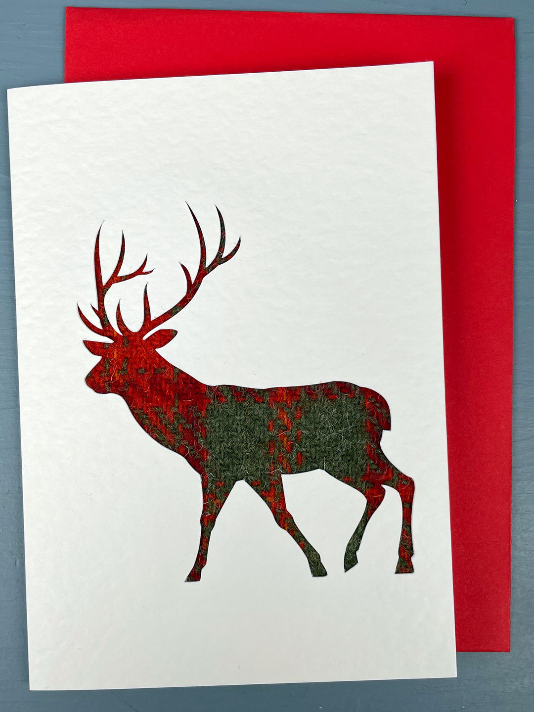 Handmade greetings card by Weaving the Love featuring a red deer stag in red Harris Tweed.